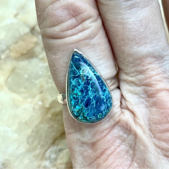 Azurite and Chrysocolla teardrop cabochon 925 sterling silver ring size 8, NWT - Picture 2 of 7